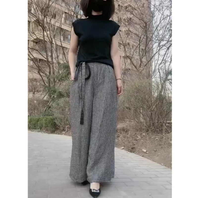 High waist and thin yarn-dyed cotton and linen plaid wide-leg pants women's  spring and summer new loose literary straight casual pants
