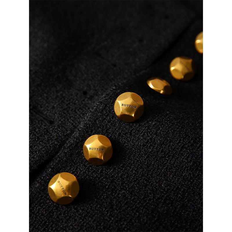 2025 Heavy black gold buckle wool small fragrance short coat texture sense advanced sense spring and autumn  spring women's clothing short