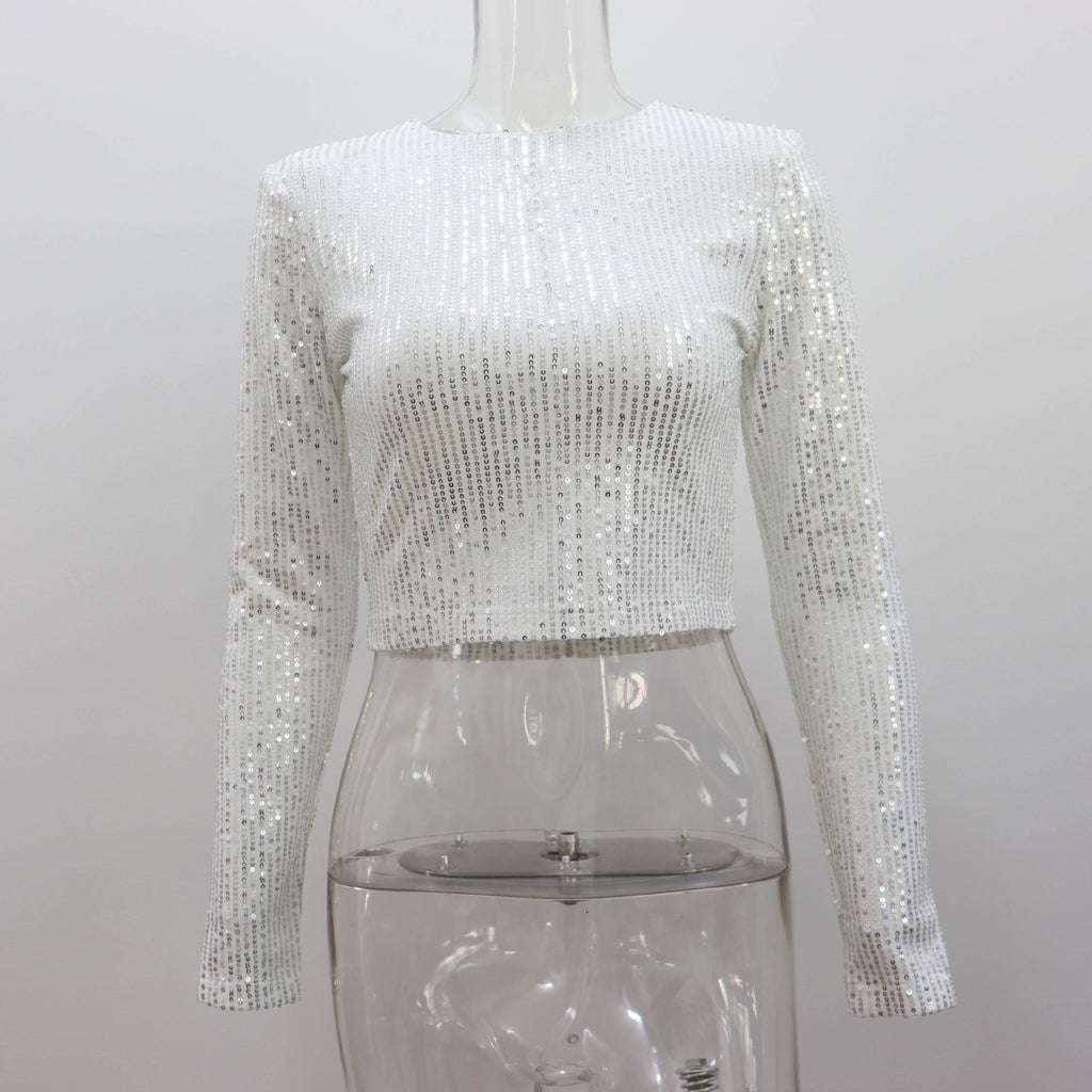 ANTMVS2025 long-sleeved crew neck nightclub sexy short top,  hot sale versatile Spice Girl solid color sequined T-shirt