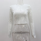 ANTMVS2025 long-sleeved crew neck nightclub sexy short top,  hot sale versatile Spice Girl solid color sequined T-shirt