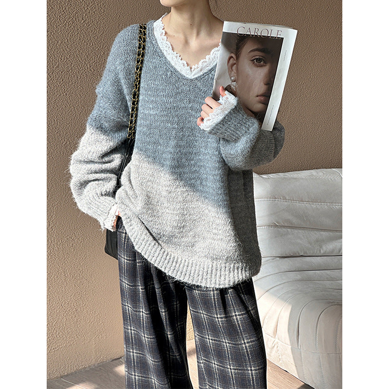 2025 popular autumn and winter new Korean version loose casual lazy wind v-neck pullover sweater knitted sweater 960