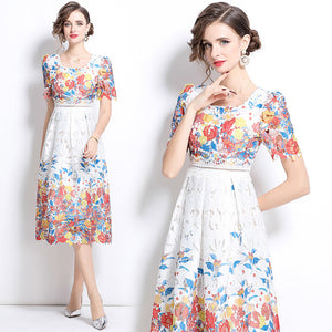 New hollow water-soluble lace print dress women's thin temperament round neck short sleeve medium and long skirt