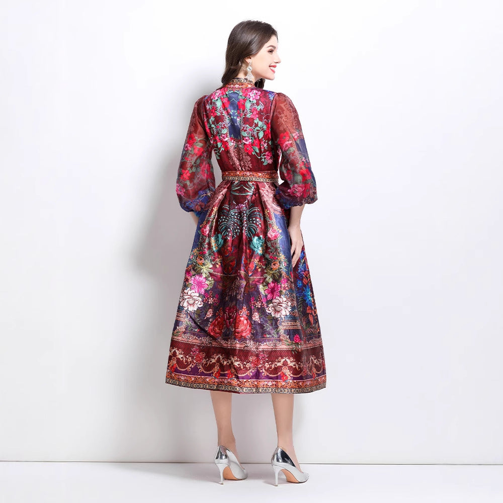 Popular trade women's clothing  spring new V-neck ethnic style printed satin wrap long dress