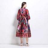 Popular trade women's clothing  spring new V-neck ethnic style printed satin wrap long dress