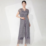 2025 Fashion suit women's high-end summer thin lace hollow blouse top straight pants middle-aged pleated two-piece set
