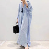 Japanese New loose large-size long-sleeved striped cotton and linen shirt skirt spring and autumn Korean version fat MM knee-length dress dress