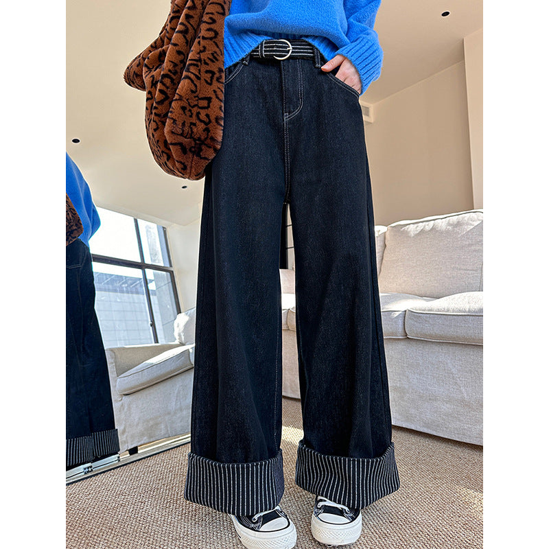 2025 popular winter new Korean versatile loose velvet flanged striped denim wide-leg pants 6373