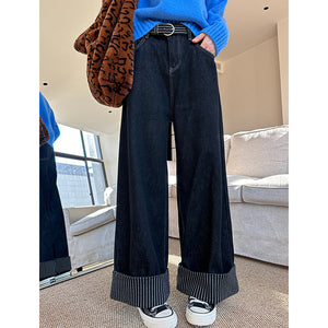 2025 popular winter new Korean versatile loose velvet flanged striped denim wide-leg pants 6373