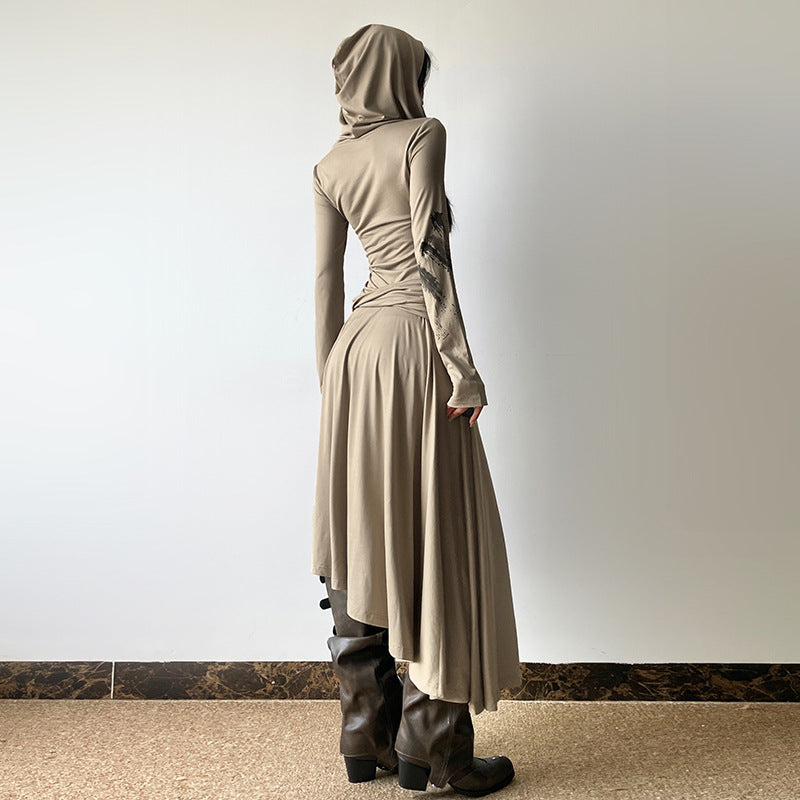 2025 style popular autumn new women's clothing fashion commuter belt decorative ruffle edge hooded dress