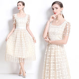 Summer  Retro Premium Sense Water Soluble Lace Sexy Square Neck Bubble Sleeve Waist Dress Slim Fit Long Dress