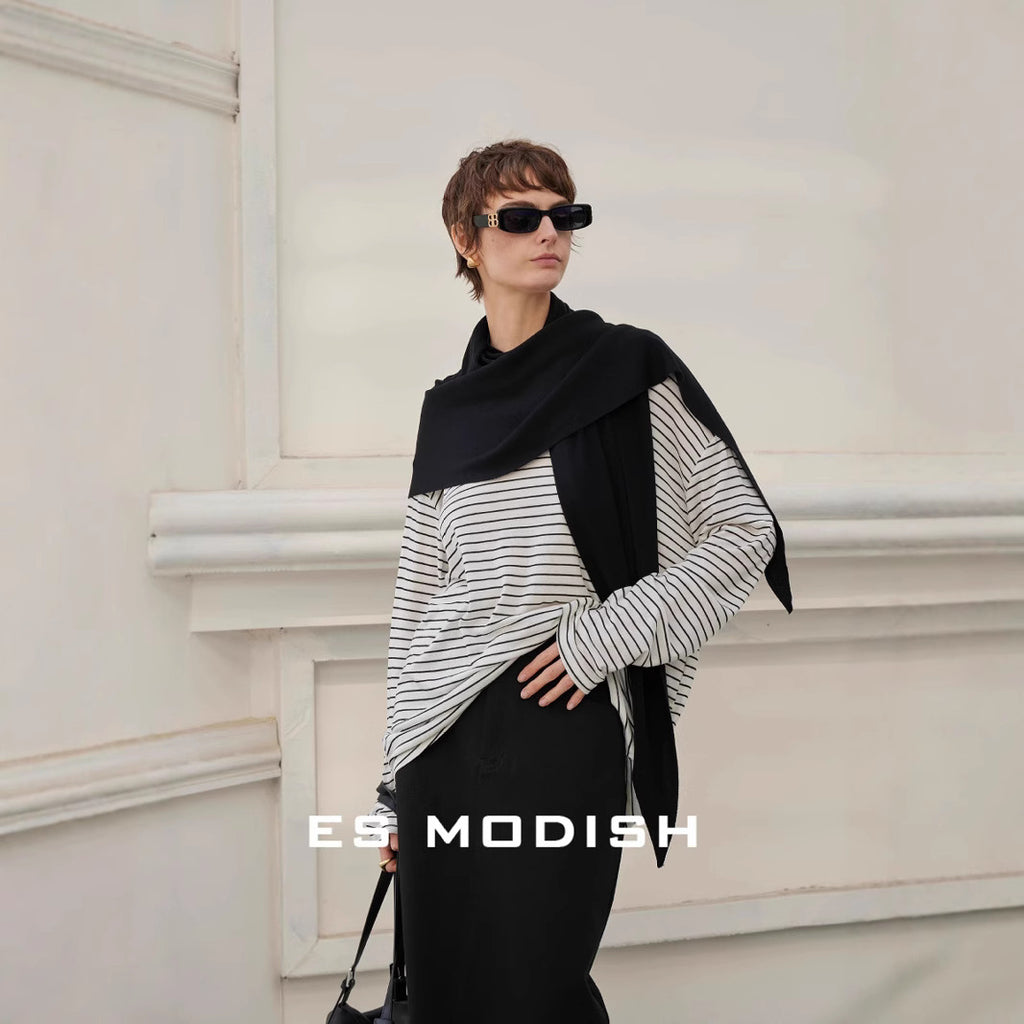 2025 ES MODISH Spring New Product Premium Versatile Knitted Top Loose Casual Stripe Long Sleeve Tencel T-Shirt Girls