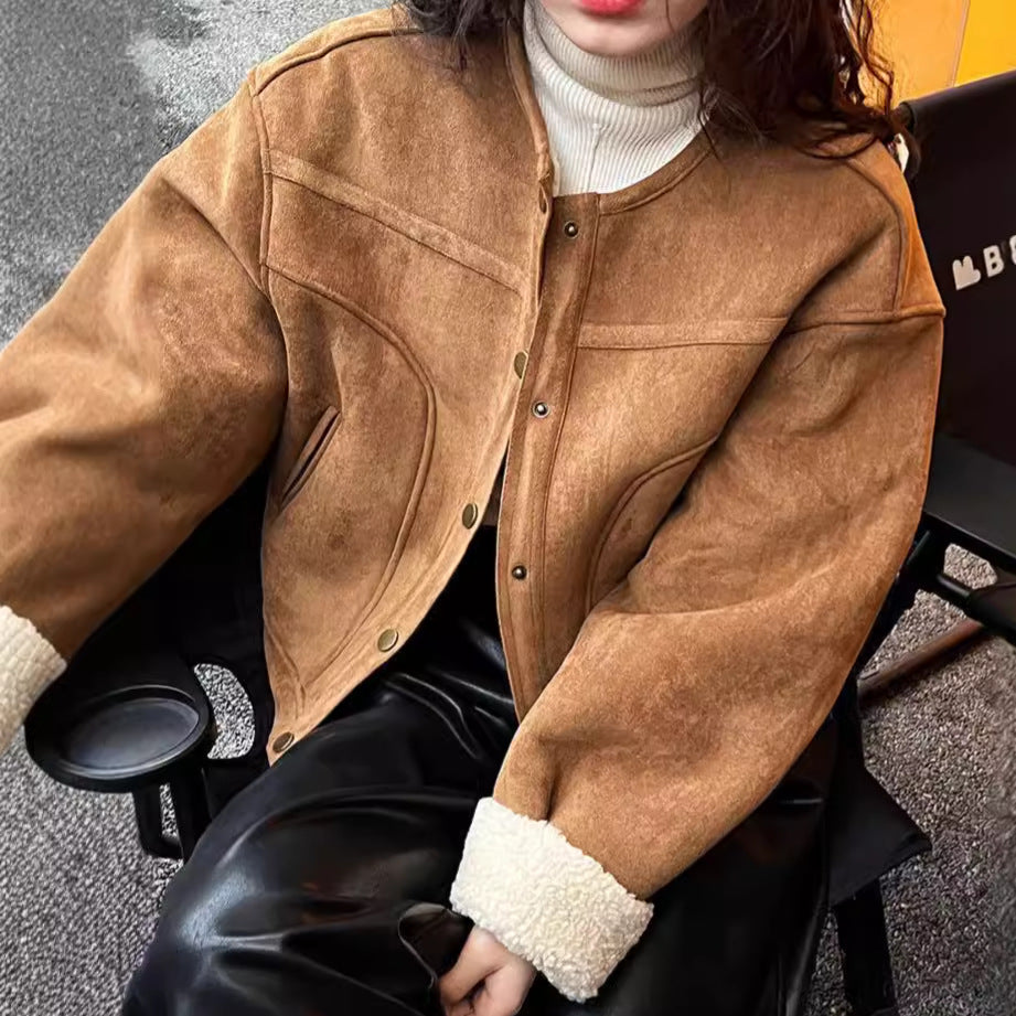 2025 Philadelphia sunset suede lamb wool short coat women's autumn and winter fur integrated thickened warm small jacket