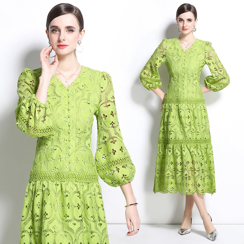 spring new women's dress new  retro hollowed crochet waist lantern sleeve big swing dress