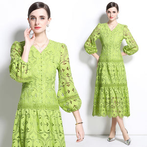 spring new women's dress new  retro hollowed crochet waist lantern sleeve big swing dress