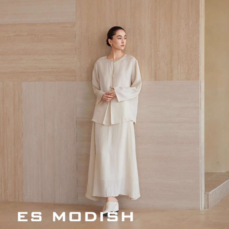 2025 ES MODISH spring new national style retro simple and elegant long-sleeved shirt + A-shaped skirt suit for girls