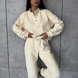 GOOSUDU New 2025 style autumn and winter women's clothing new casual sweater set women's solid color fleece top and trousers two-piece set