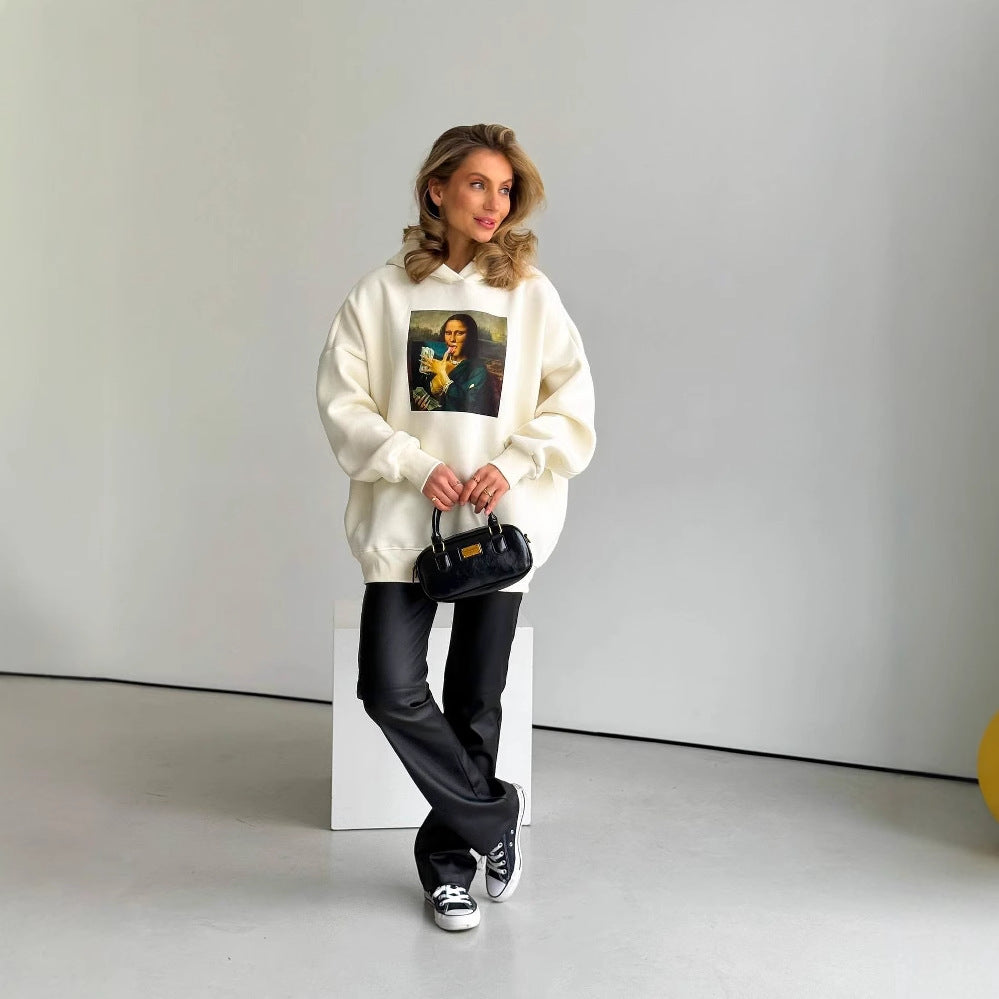 Mona Lisa funny fun print hooded loose lazy oversize long sleeve sweater jacket women