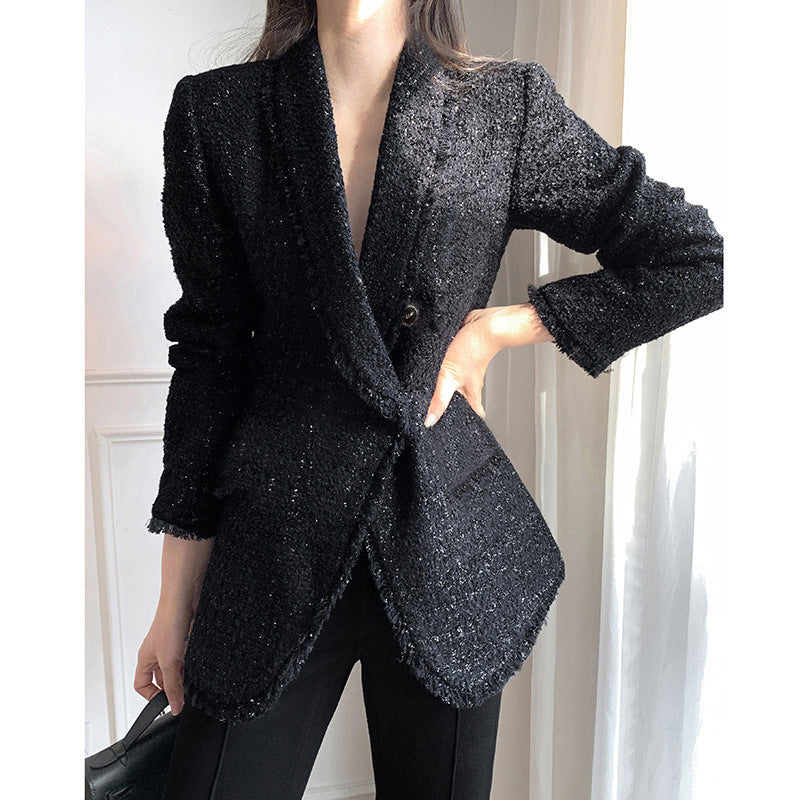 2025 Xiaoxiangfeng blazer women's clothing  spring and autumn new short tweed spring Korean temperament black top