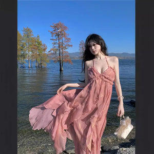 2025 Coffee Break  Beautiful Neck Suspender Dress Women's Summer Atmosphere Sexy Sanya Seaside Resort Beach Dress