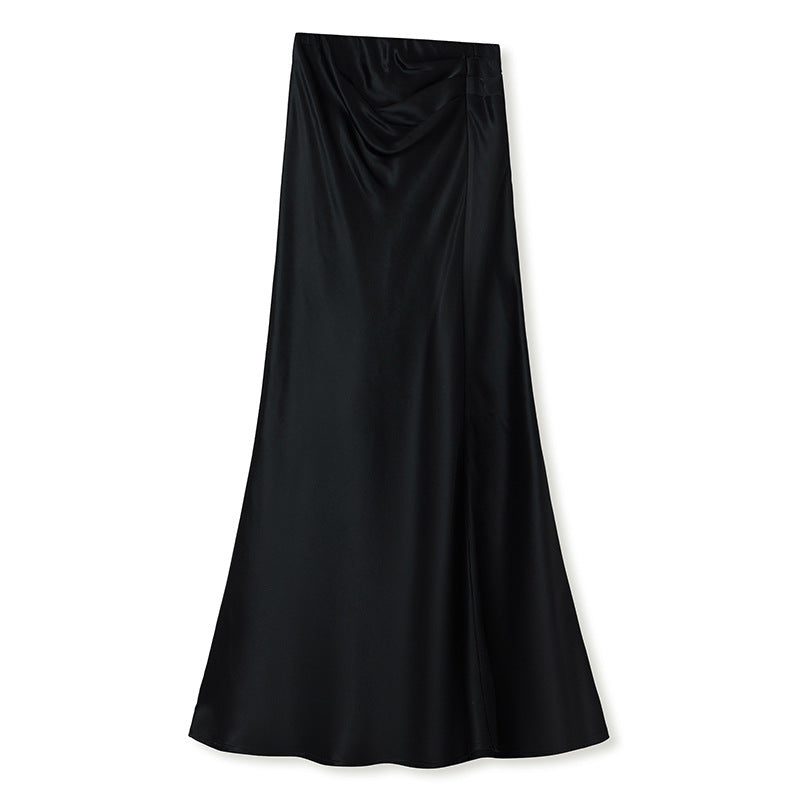 Spring new retro pinch pleated design sense acetic acid fishtail long skirt temperament advanced thin skirt women N1019