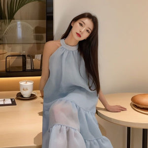 24 Summer new high-end temperament vest long dress hanging neck medium and long sleeveless dress L2149
