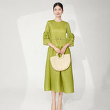 2025 dress women's summer high sense dignified intellectual cover belly thin large size horn sleeve temperament medium and long skirt