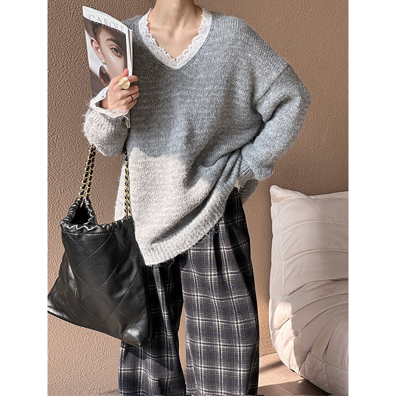 2025 popular autumn and winter new Korean version loose casual lazy wind v-neck pullover sweater knitted sweater 960