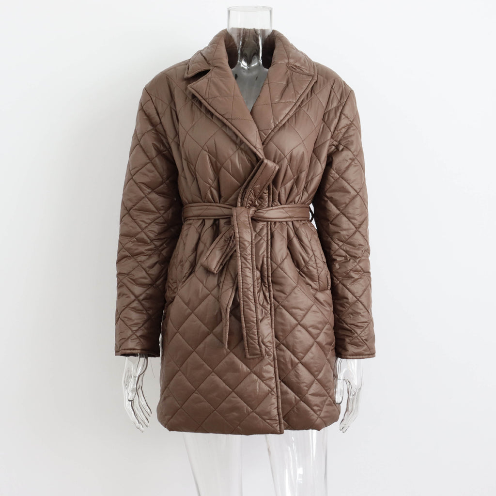 GOOSUDU New rhombus cotton clothes medium and long lapel autumn and winter street women's clothing new jacket fashion waist pocket cotton-padded clothes women