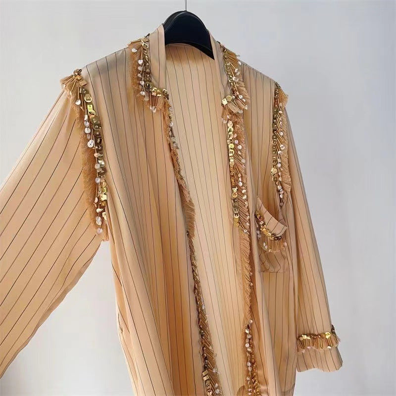 2025 Heavy Industry popular early autumn new handmade beaded sequins imitation silk shirt jacket cardigan top women