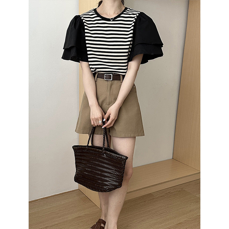 2025 popular summer Korean design sense flying sleeve splicing striped T-shirt  age-reducing loose shirt 5639