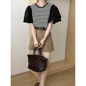 2025 popular summer Korean design sense flying sleeve splicing striped T-shirt  age-reducing loose shirt 5639