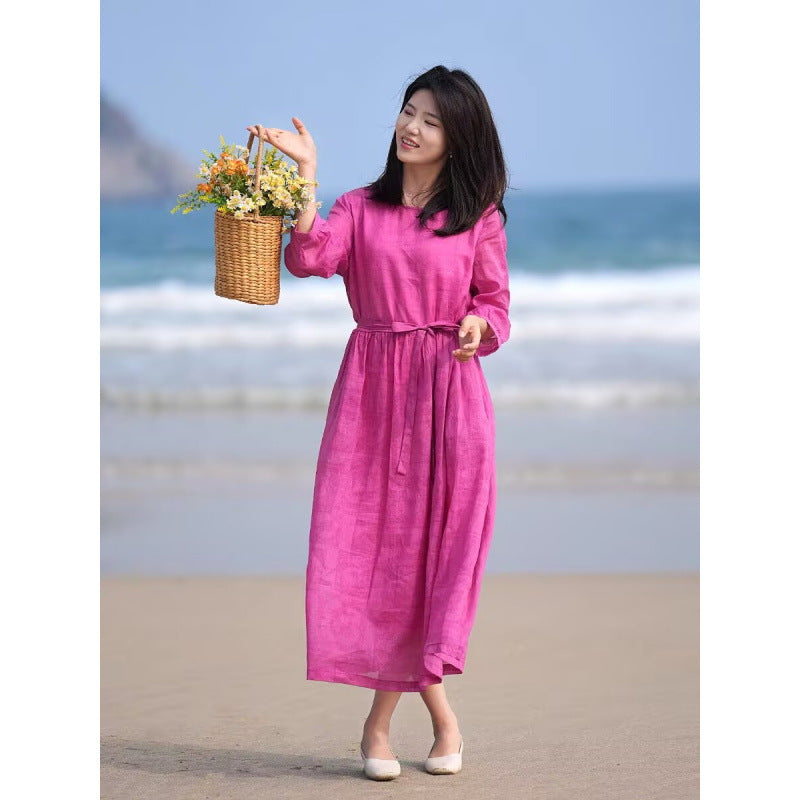 summer new literary and retro rose red loose large size lace-up and thin travel pendulum dress women