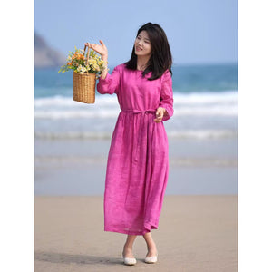 summer new literary and retro rose red loose large size lace-up and thin travel pendulum dress women