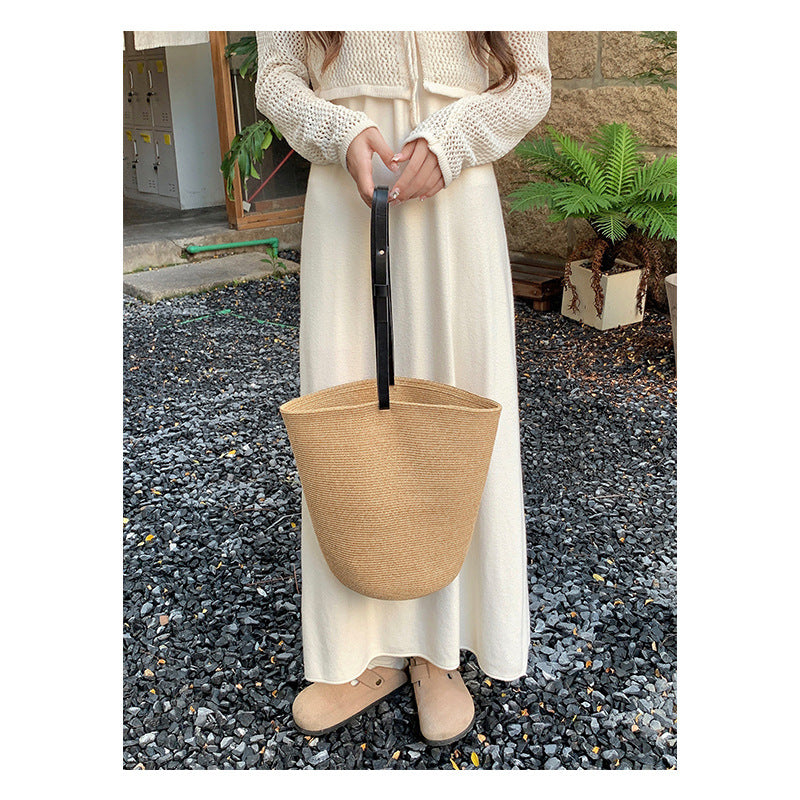 GOOSUDU Straw Bag Summer Niche Designer Bucket Bag Crossbody Shoulder Portable Ins Beach Bag Women's Retro