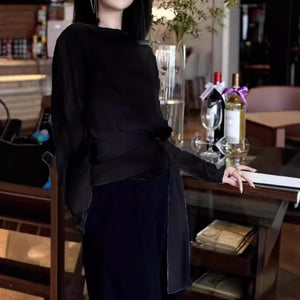 2025 Autumn new chic beautiful shirt shoulder top light mature  smudge long-sleeved t-shirt design sense niche