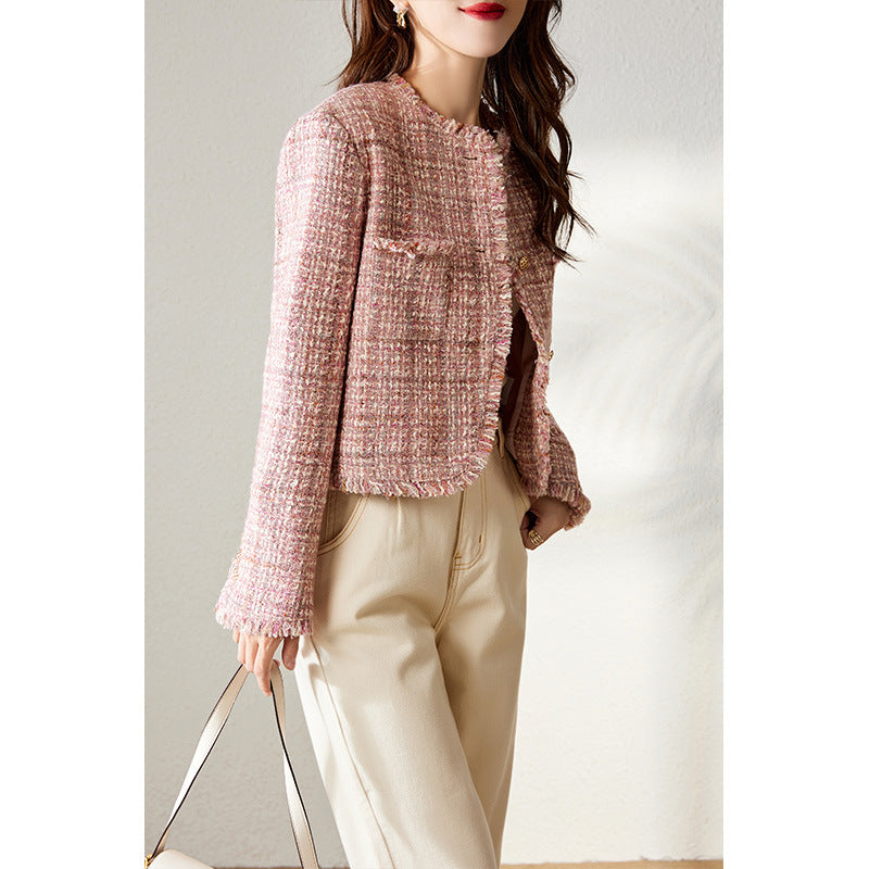 2025 Wool pink small fragrant coat, spring and autumn new tweed  spring short coat top women's wholesale