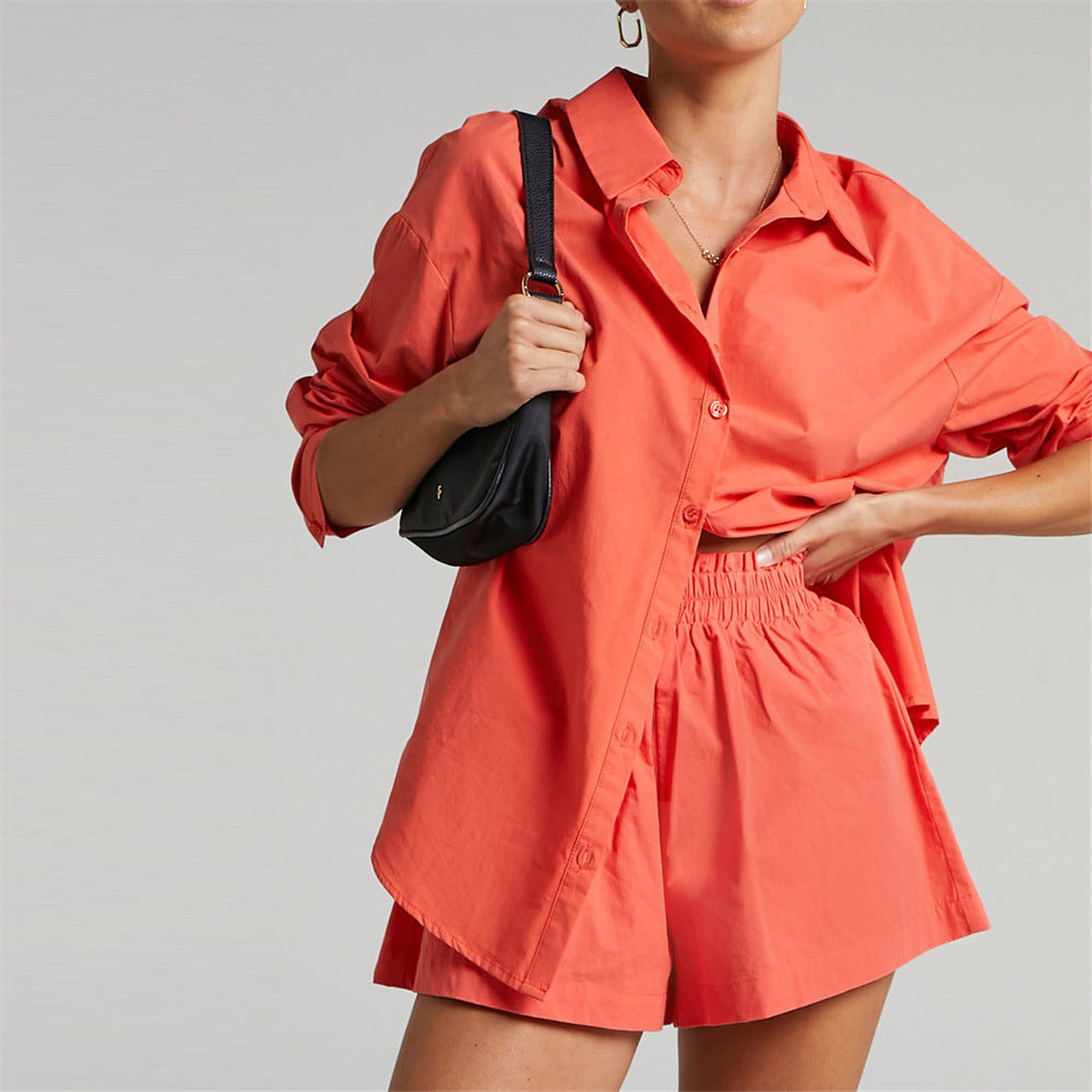 GOOSUDU New spring and summer 2025 two-piece set solid color single-breasted long-sleeved lapel shirt shorts loose fashion casual suit