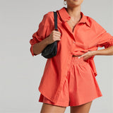 GOOSUDU New spring and summer 2025 two-piece set solid color single-breasted long-sleeved lapel shirt shorts loose fashion casual suit