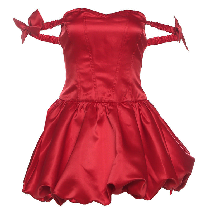 2025 style popular winter new women's clothing fluffy pleated skirt design shoulder bow dress