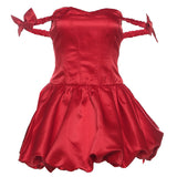 2025 style popular winter new women's clothing fluffy pleated skirt design shoulder bow dress