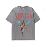 GOOSUDU Nirvana Band Rock Nirvana Cobain Cococoben Worn Looking Washed-out Vintage Batik Loose T-shirt