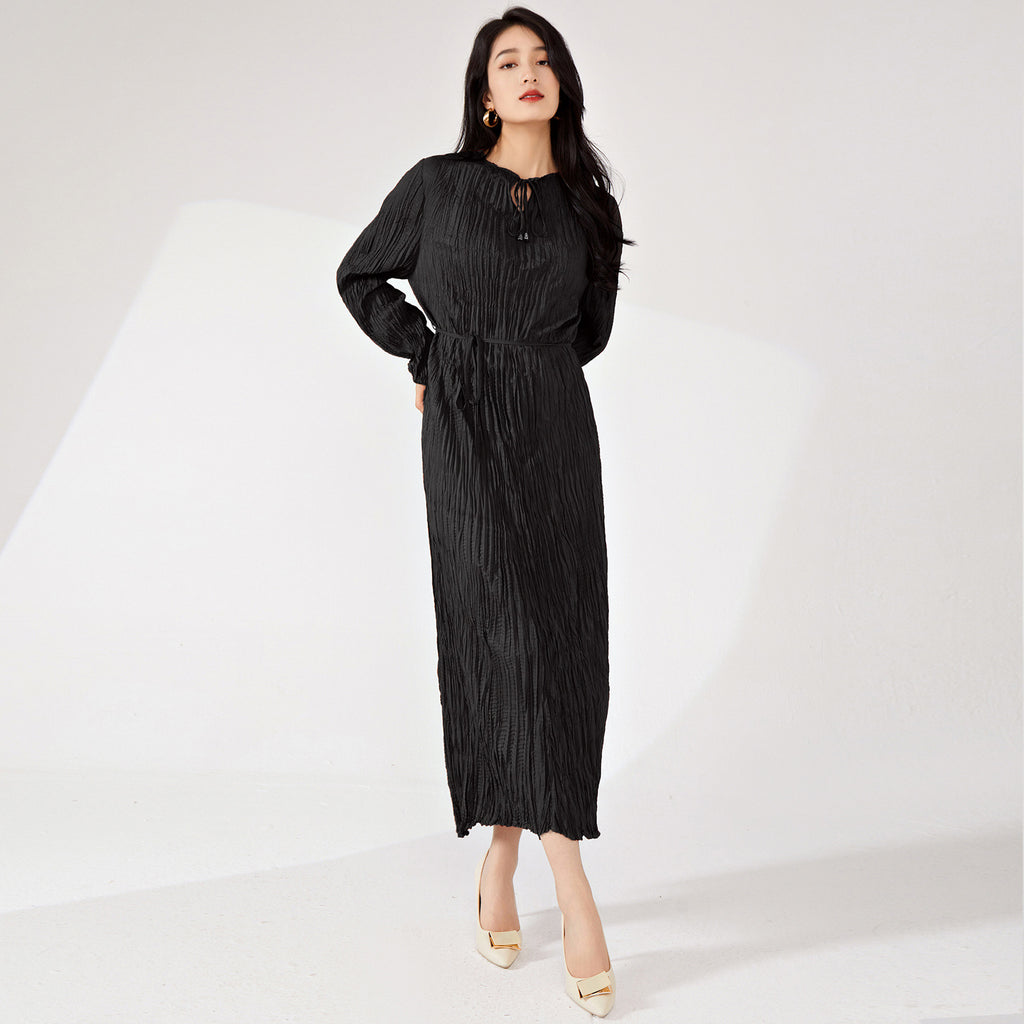 2025 Nanyou high-end women's clothing long-sleeved dress spring and autumn women's design irregular pleated skirt long high-end sense