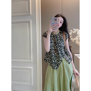 Cotton and linen new Chinese-style diagonal placket-button sleeveless shirt, national style printing retro literary temperament top women