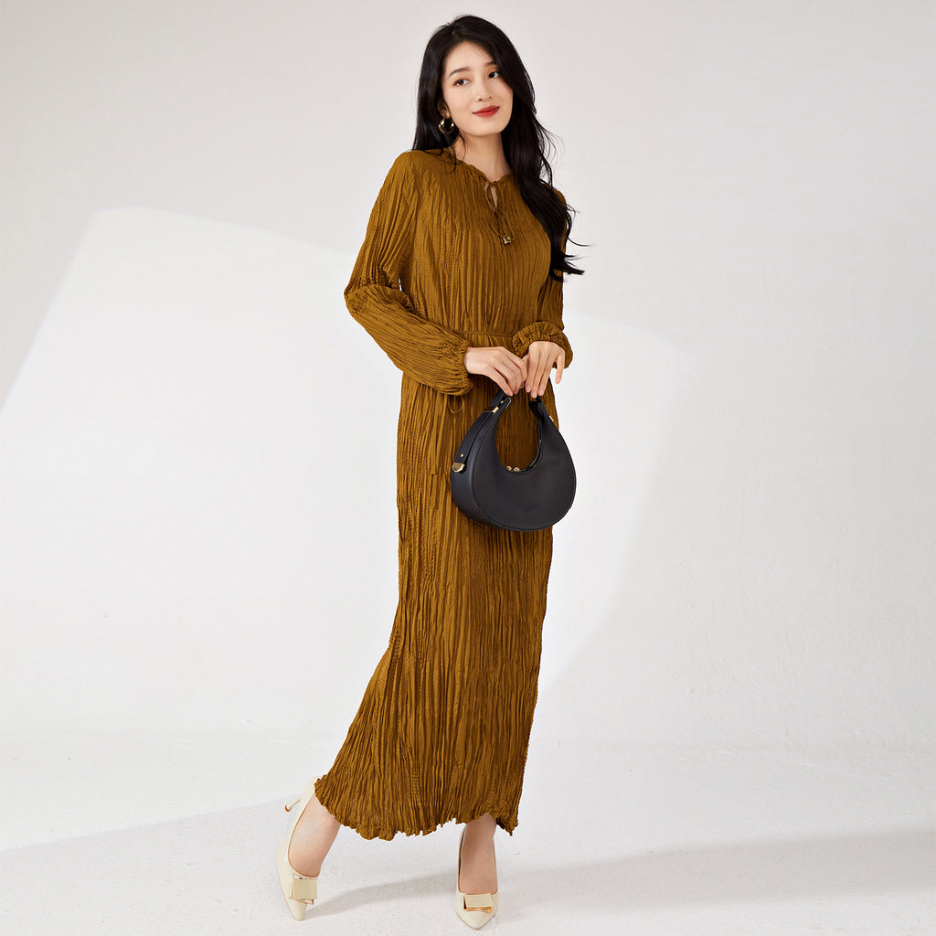 2025 Nanyou high-end women's clothing long-sleeved dress spring and autumn women's design irregular pleated skirt long high-end sense