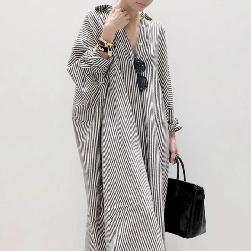 Japanese New loose large-size long-sleeved striped cotton and linen shirt skirt spring and autumn Korean version fat MM knee-length dress dress