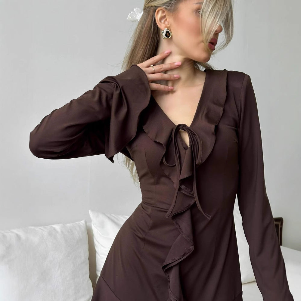 women's clothing  new summer  INS Spice Girls sexy slim ruffle edge long-sleeved strap dress