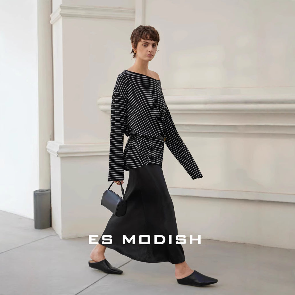 2025 ES MODISH Spring New Product Premium Versatile Knitted Top Loose Casual Stripe Long Sleeve Tencel T-Shirt Girls