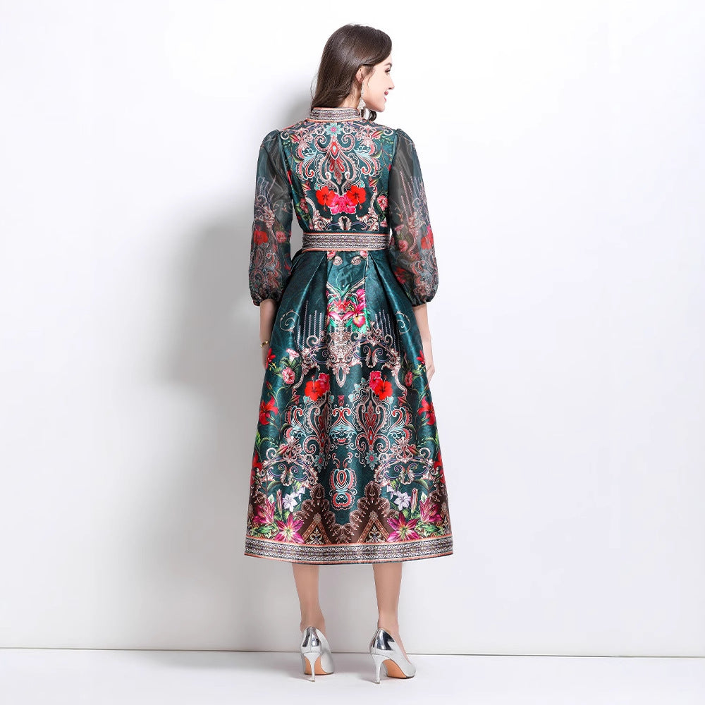 Popular trade export women's clothing  spring new V-neck ethnic style printed satin wrap long dress