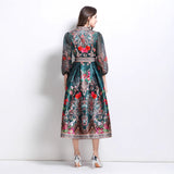 Popular trade export women's clothing  spring new V-neck ethnic style printed satin wrap long dress