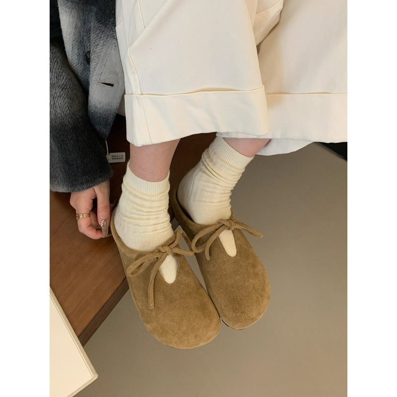 2025  Thick-bottomed Birkenstock bag head half slippers women's outer wear half tray popular autumn lace-up pregnant women non-slip ugly Bokentide